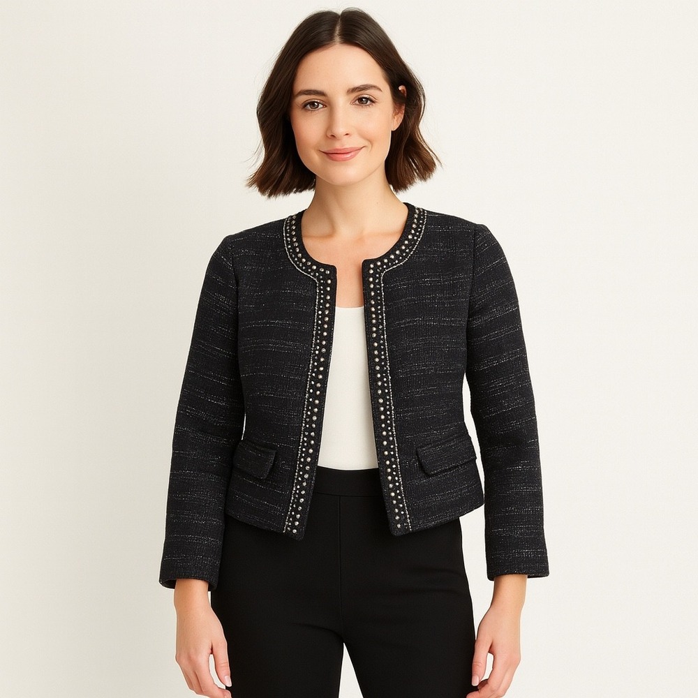 LOFT Navy Tweed Mod Jacket – Studded Trim | Elegant Old Money Aesthetic Size 2